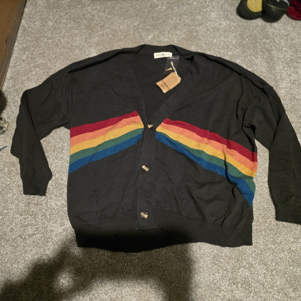 NATURAL LIFE Gray Cardigan with Rainbow Stripes
